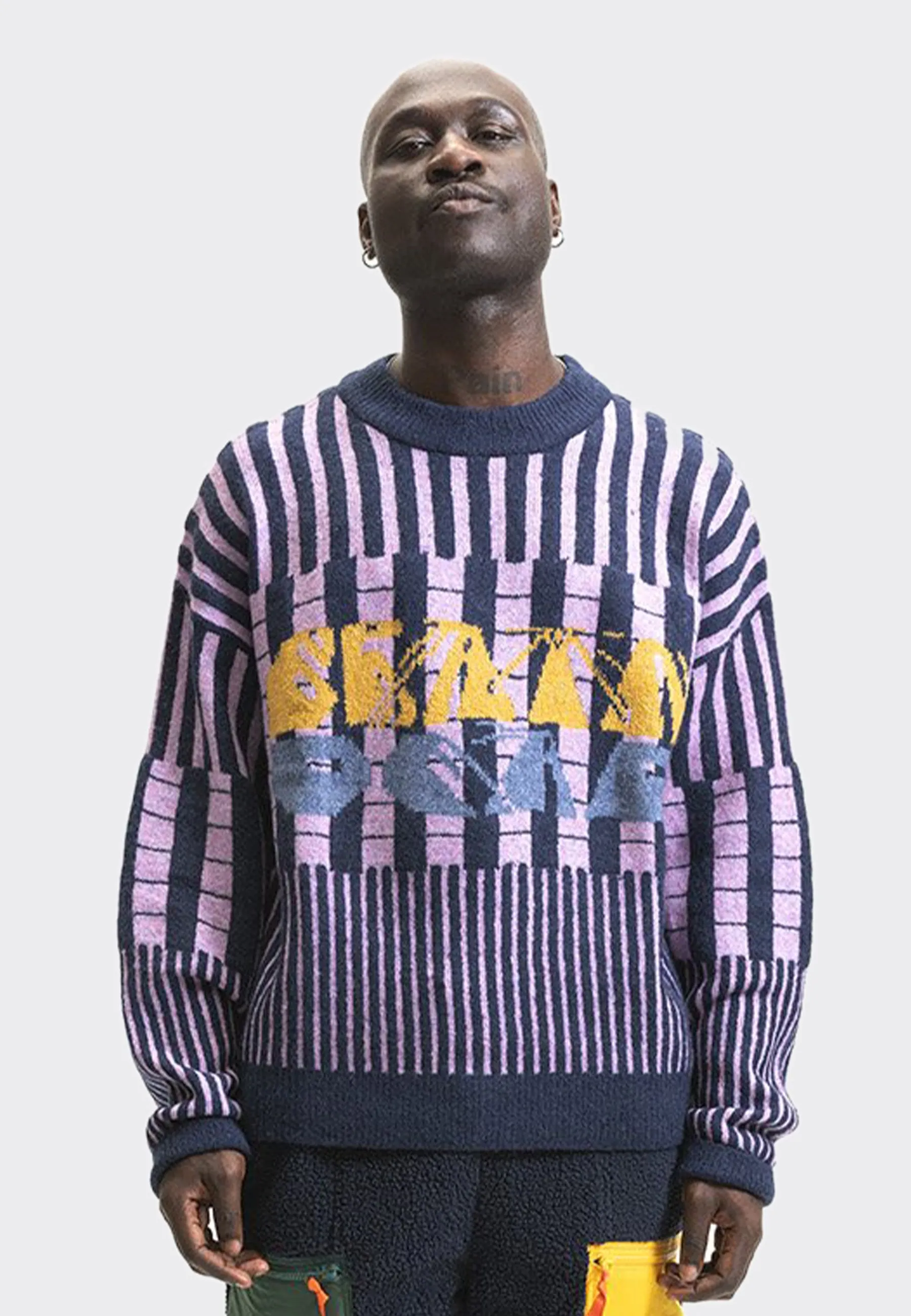 Varied Stripe Mock Neck Sweater - navy multi