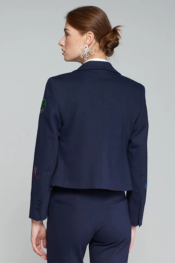 Vilagallo KIMMY STRASS NAVY BLUE KNIT CROP BLAZER