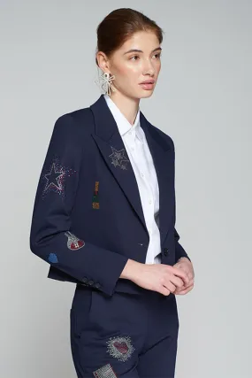 Vilagallo KIMMY STRASS NAVY BLUE KNIT CROP BLAZER