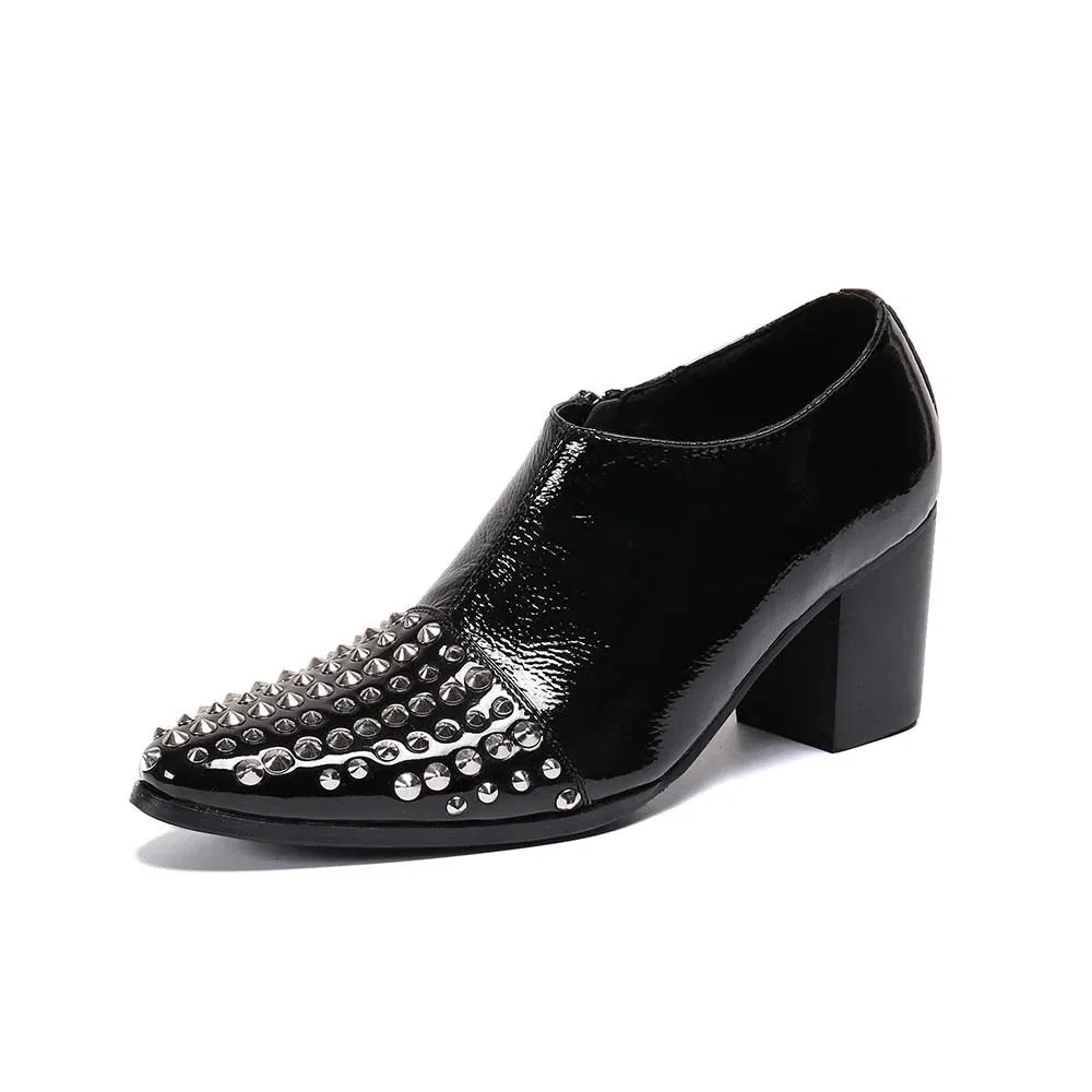 Vintage Leather Rivet Pointed Toe High Heel Ankle Boots for Men