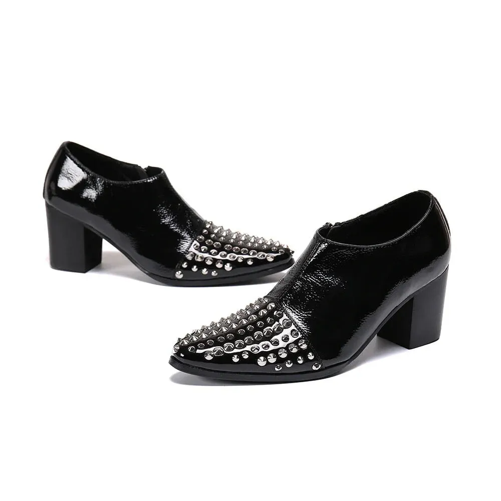 Vintage Leather Rivet Pointed Toe High Heel Ankle Boots for Men