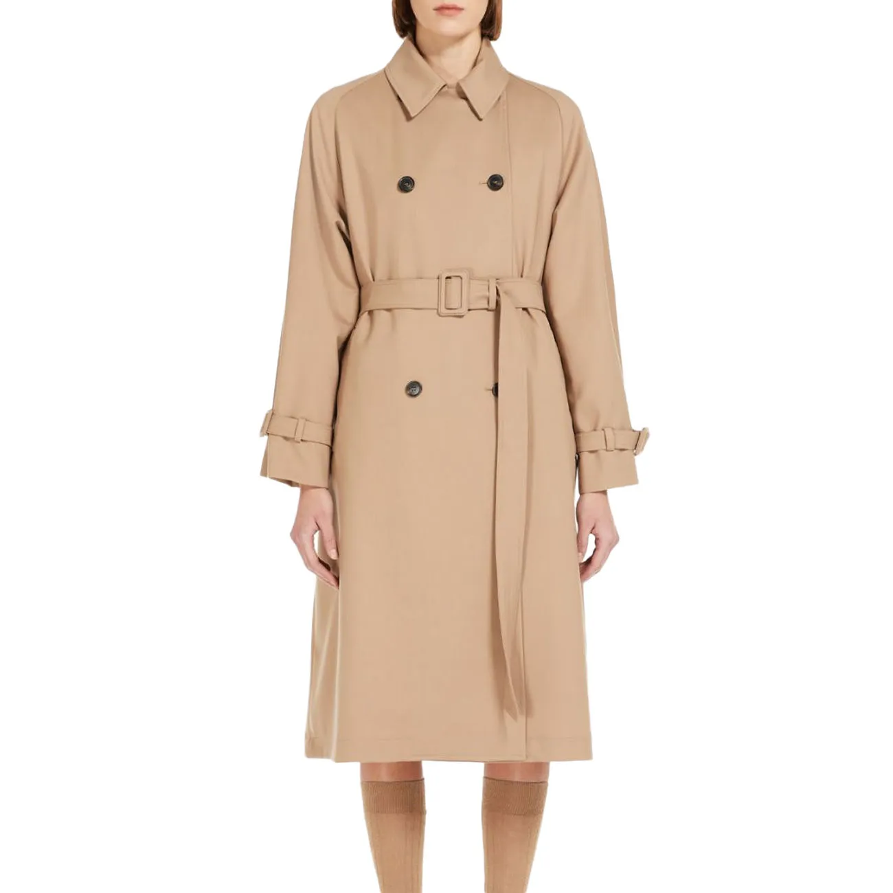 Waterproof trench coat for women in camel color.