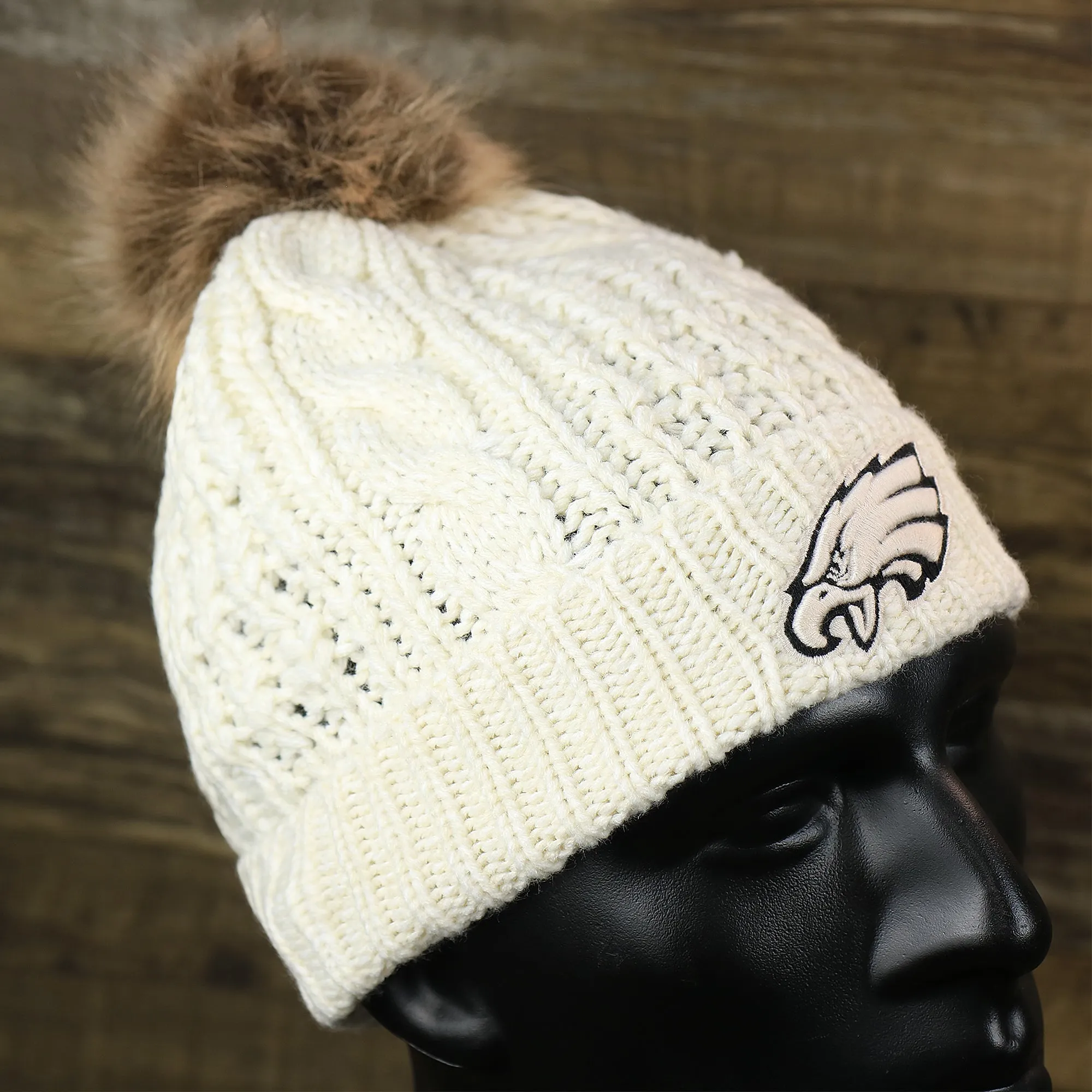 Winter Knit Beanie with Meeko Pom Pom - Women's Philadelphia Eagles Cream Beanie