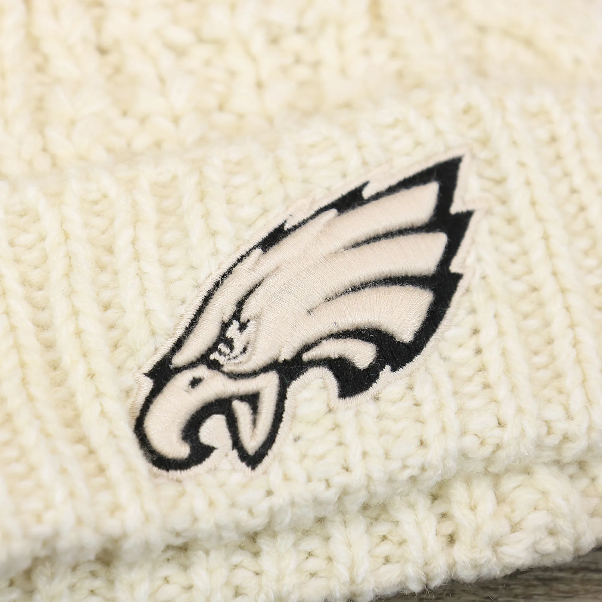 Winter Knit Beanie with Meeko Pom Pom - Women's Philadelphia Eagles Cream Beanie