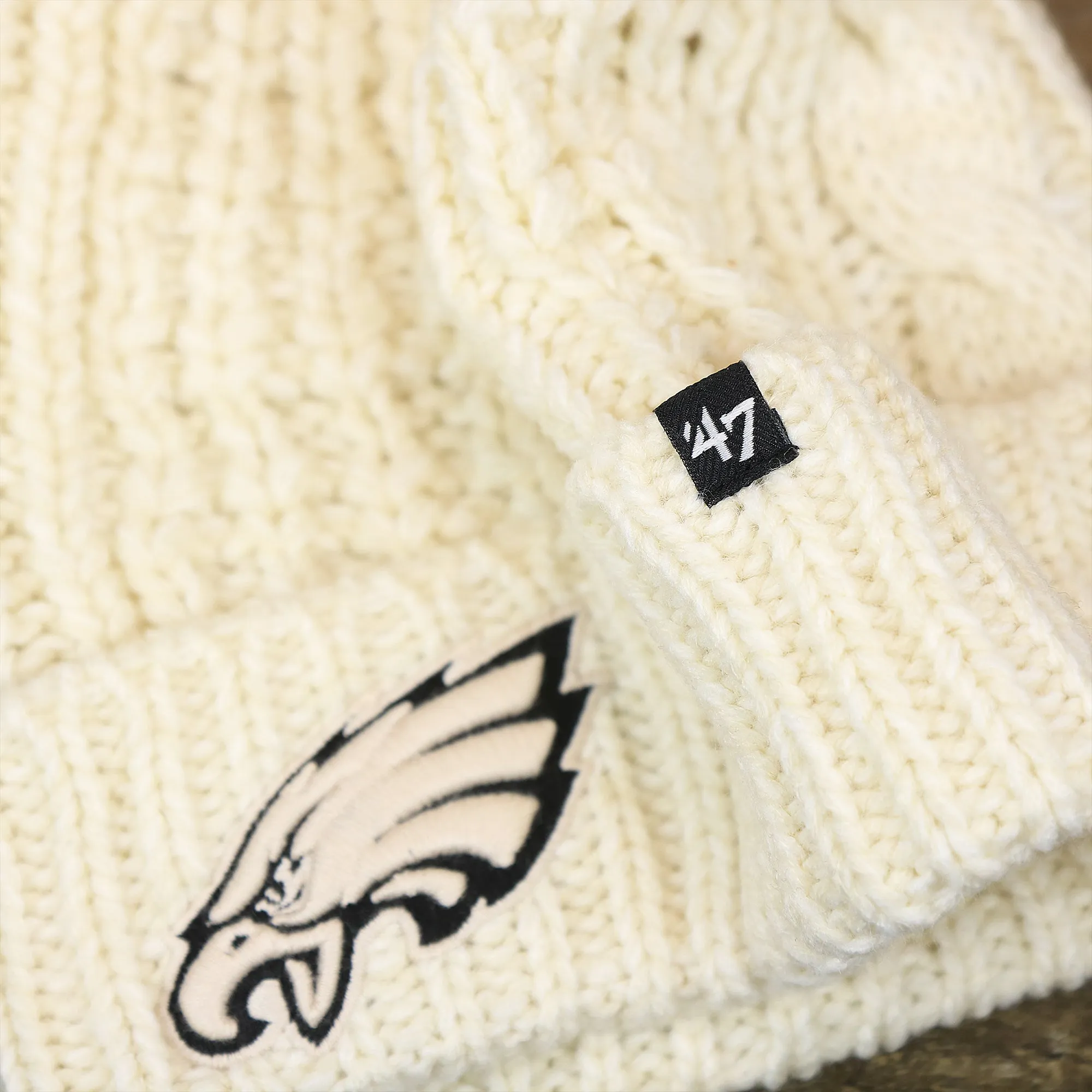 Winter Knit Beanie with Meeko Pom Pom - Women's Philadelphia Eagles Cream Beanie