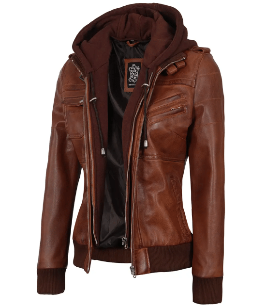 Women's Bomber Cognac Brown Leather Jacket with Removeable Hood