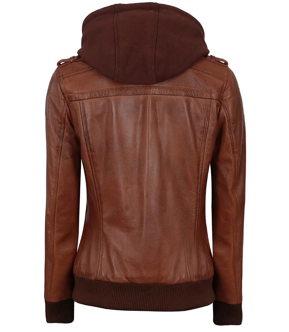 Women's Bomber Cognac Brown Leather Jacket with Removeable Hood