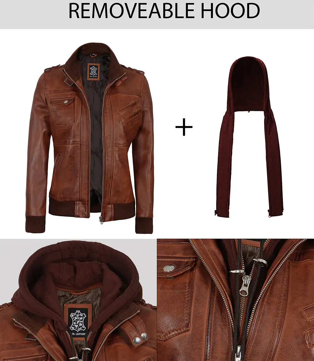 Women's Bomber Cognac Brown Leather Jacket with Removeable Hood