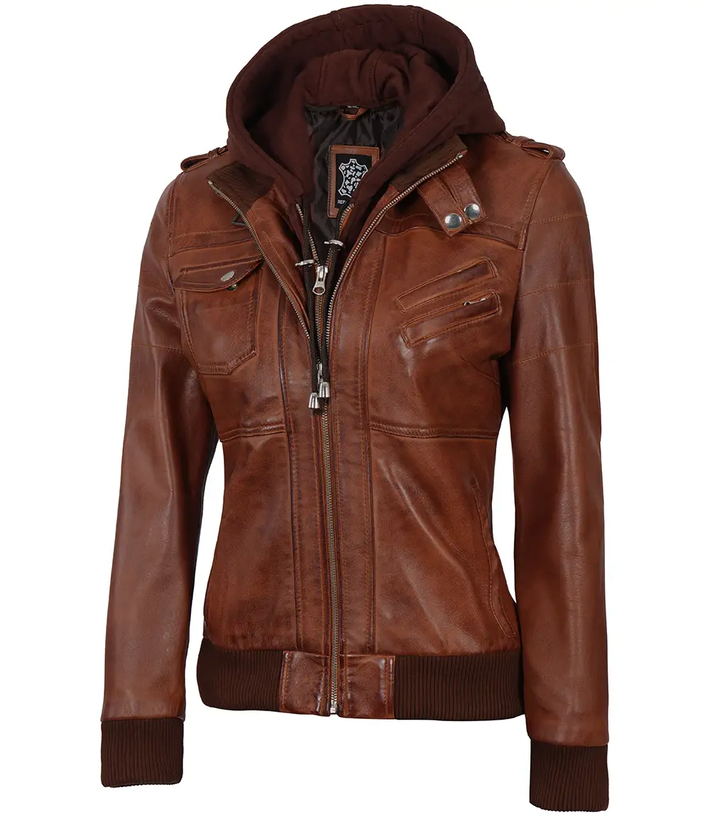 Women's Bomber Cognac Brown Leather Jacket with Removeable Hood