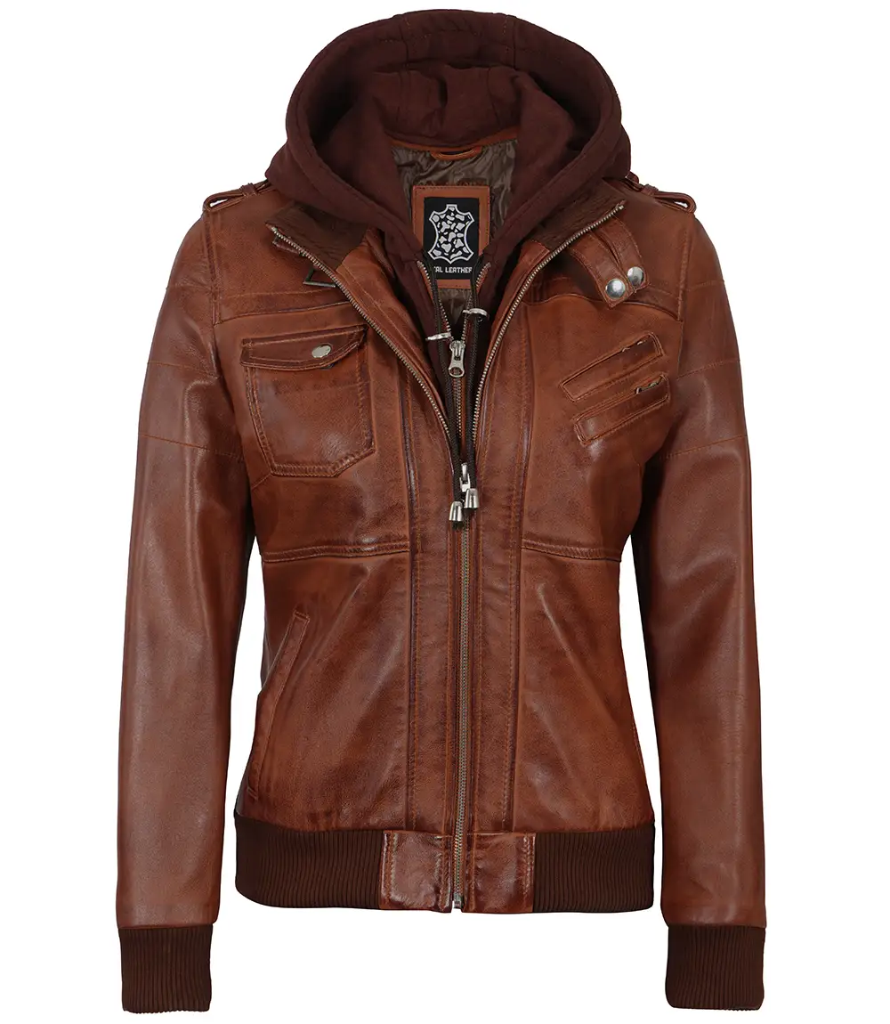 Women's Bomber Cognac Brown Leather Jacket with Removeable Hood