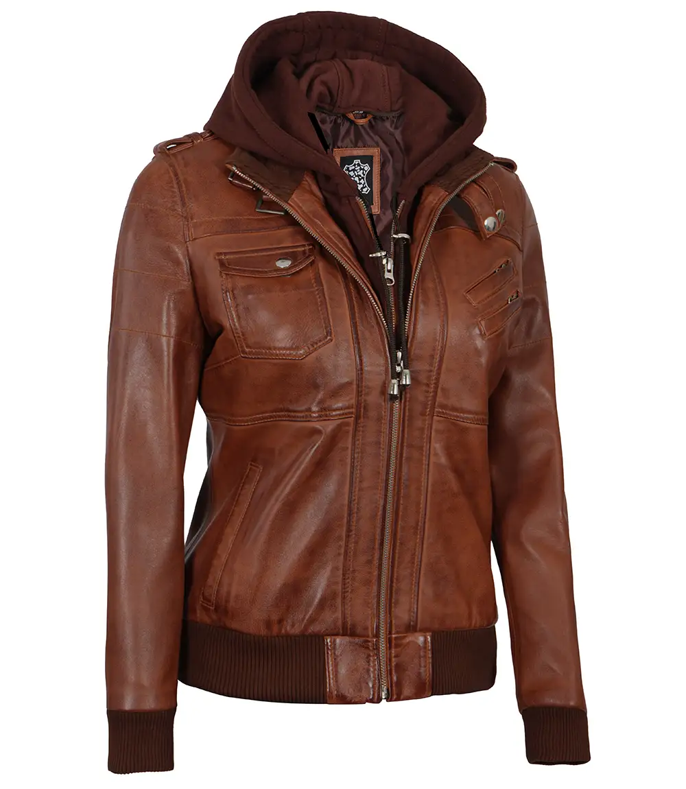 Women's Bomber Cognac Brown Leather Jacket with Removeable Hood