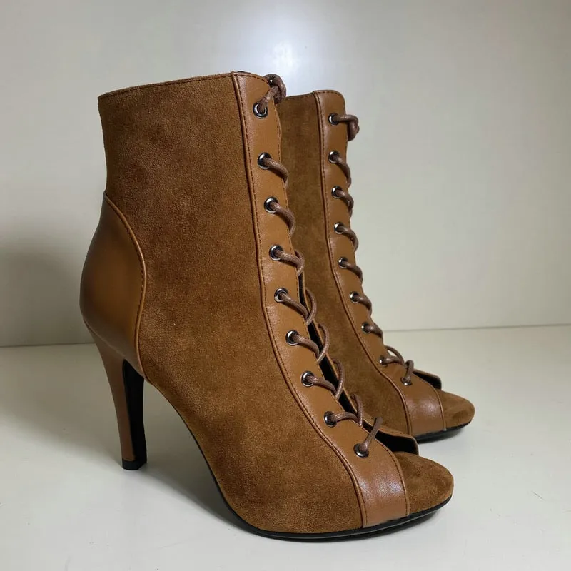 Women's Brown High Heels Zipper Peep Toe Ankle Boots