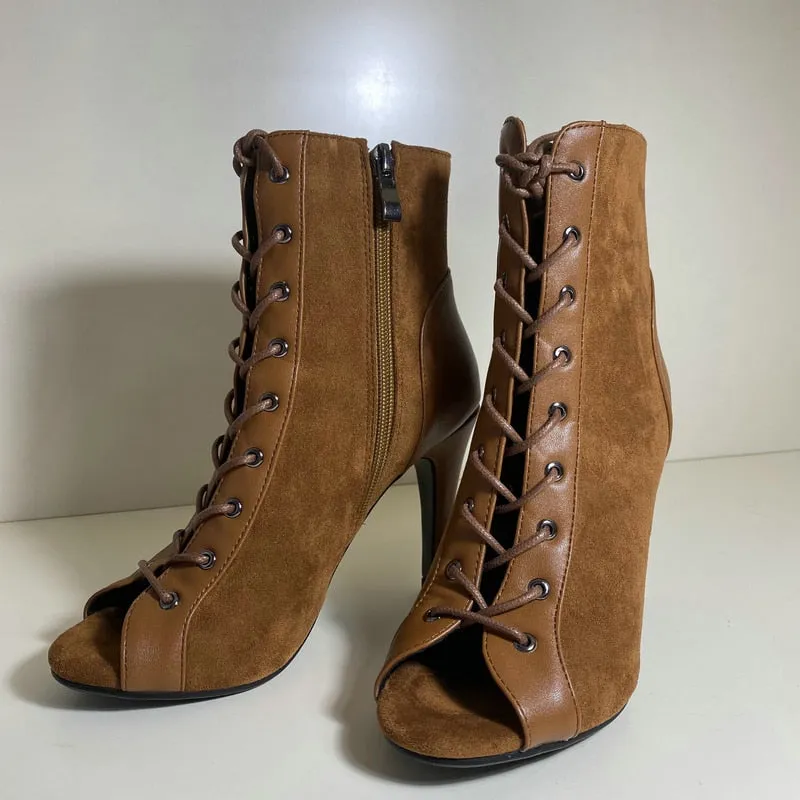 Women's Brown High Heels Zipper Peep Toe Ankle Boots