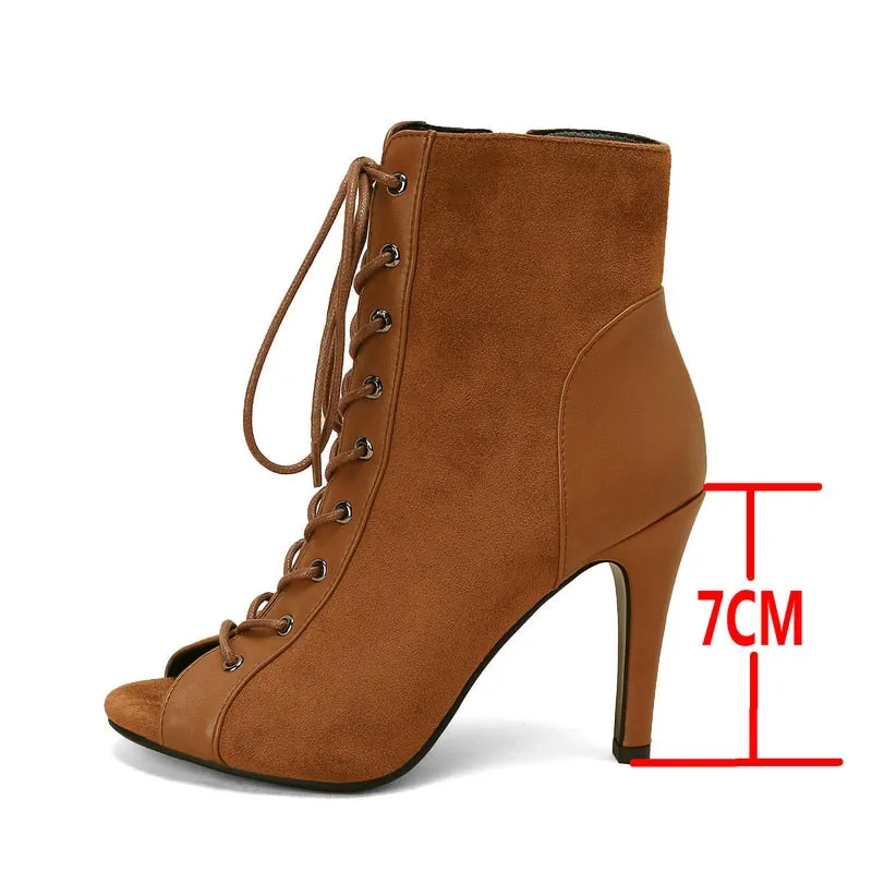 Women's Brown High Heels Zipper Peep Toe Ankle Boots