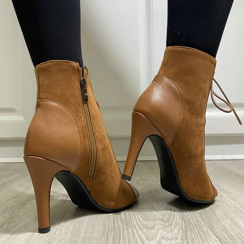 Women's Brown High Heels Zipper Peep Toe Ankle Boots