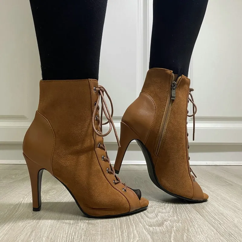 Women's Brown High Heels Zipper Peep Toe Ankle Boots