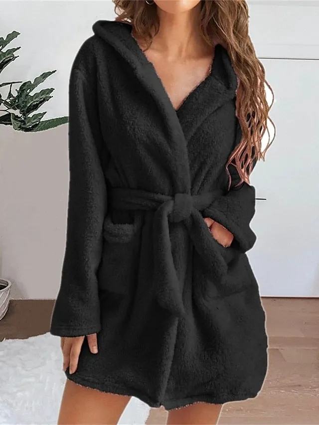 Women's Cozy Coral Fleece Robe with Hoodie and Pockets