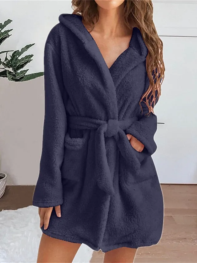 Women's Cozy Coral Fleece Robe with Hoodie and Pockets