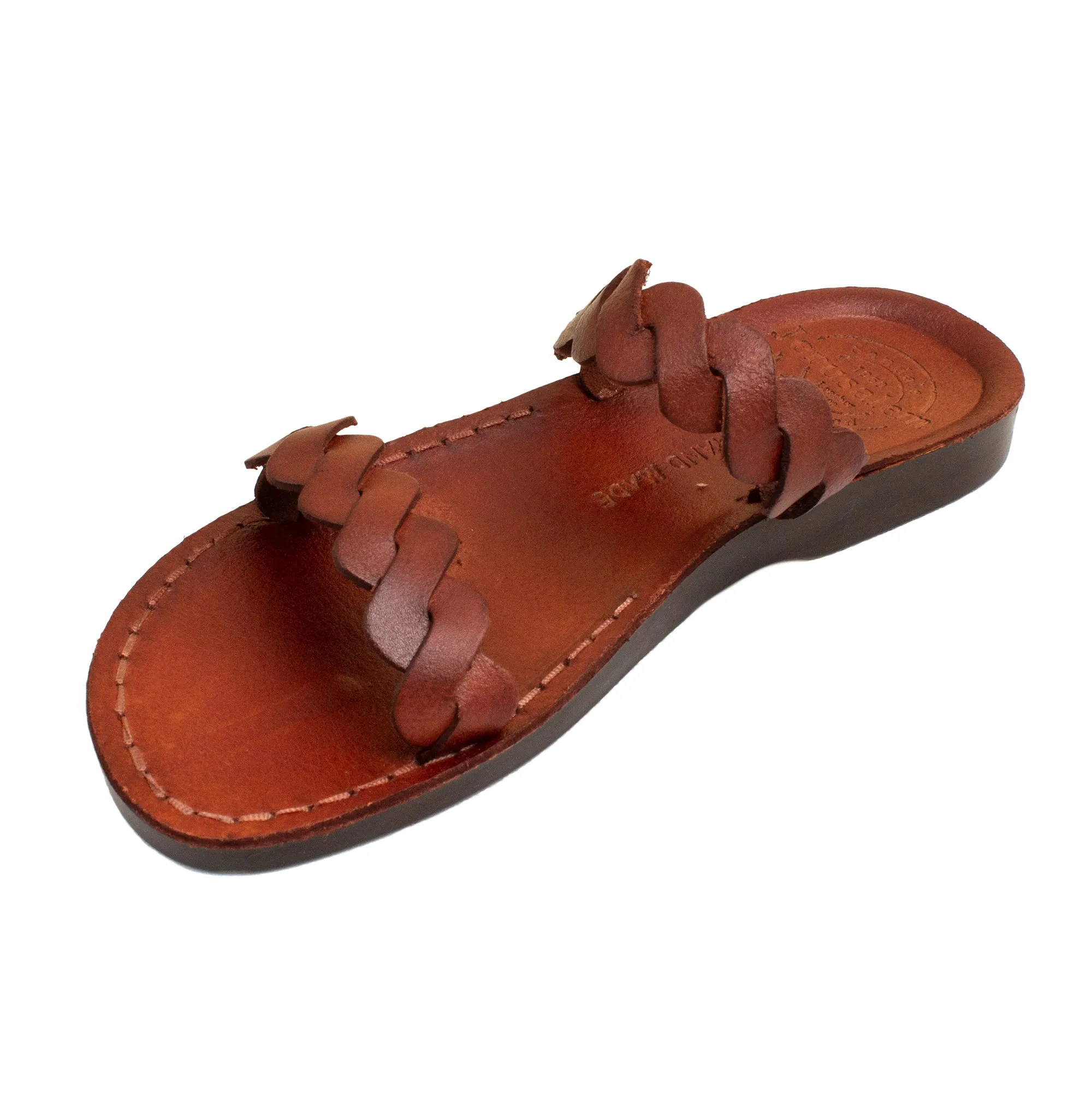 Women's Natural Leather Camel Sandals with Braided Stripe Design.