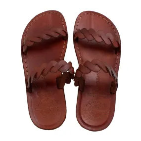 Women's Natural Leather Camel Sandals with Braided Stripe Design.