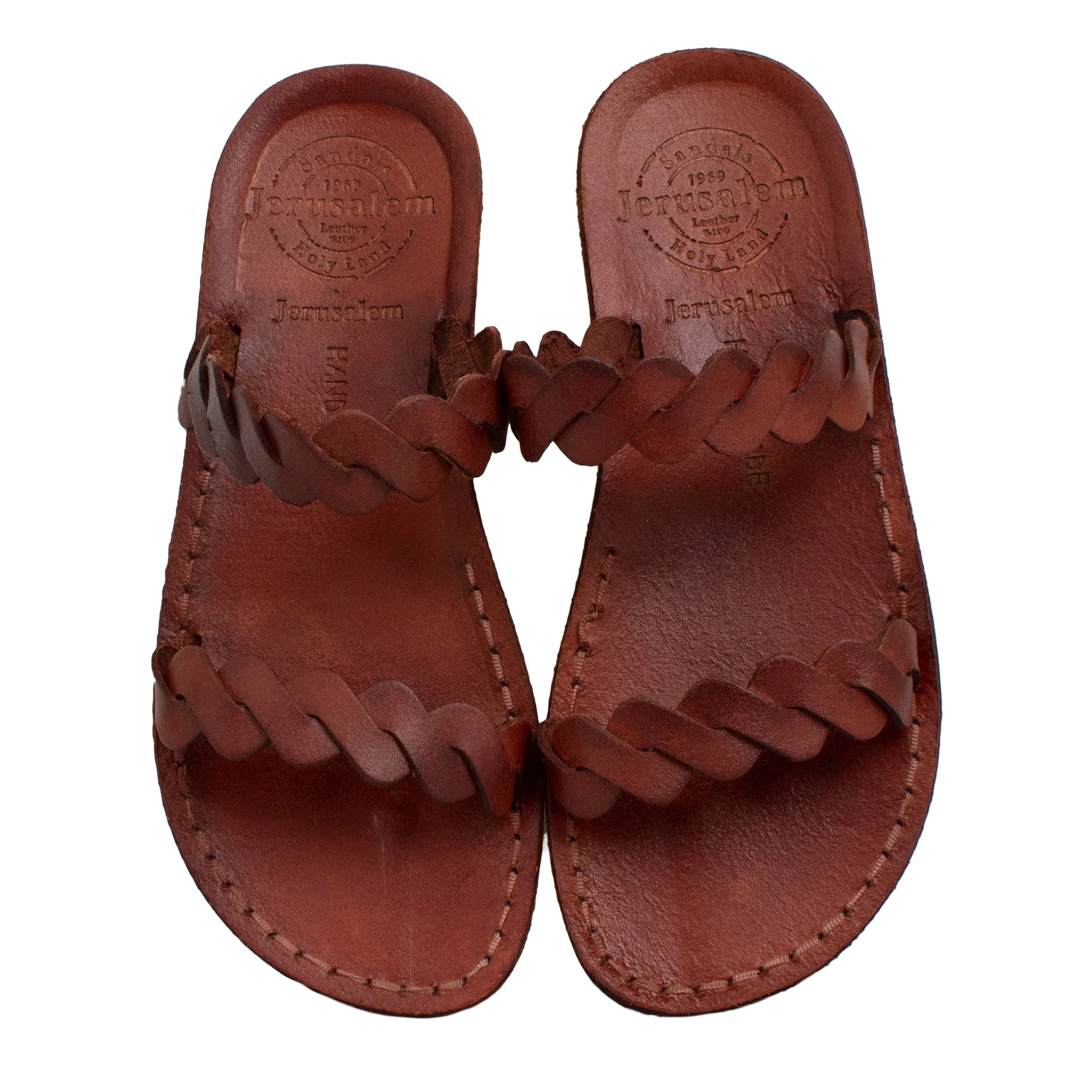 Women's Natural Leather Camel Sandals with Braided Stripe Design.