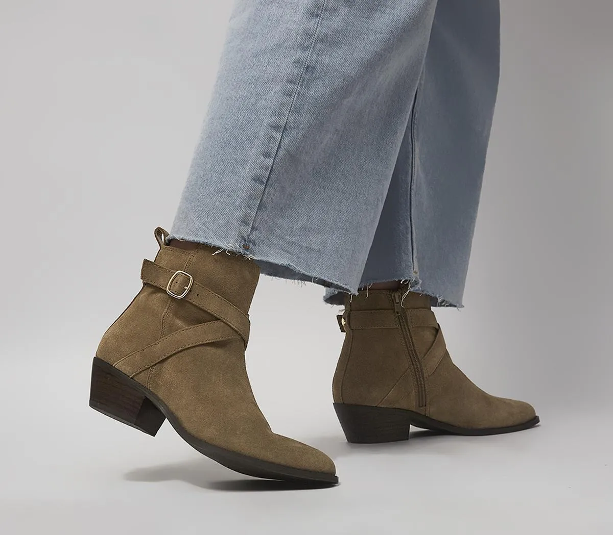 Women's Office Pointed Toe Ankle Boots with Strap Detail - Taupe Suede.