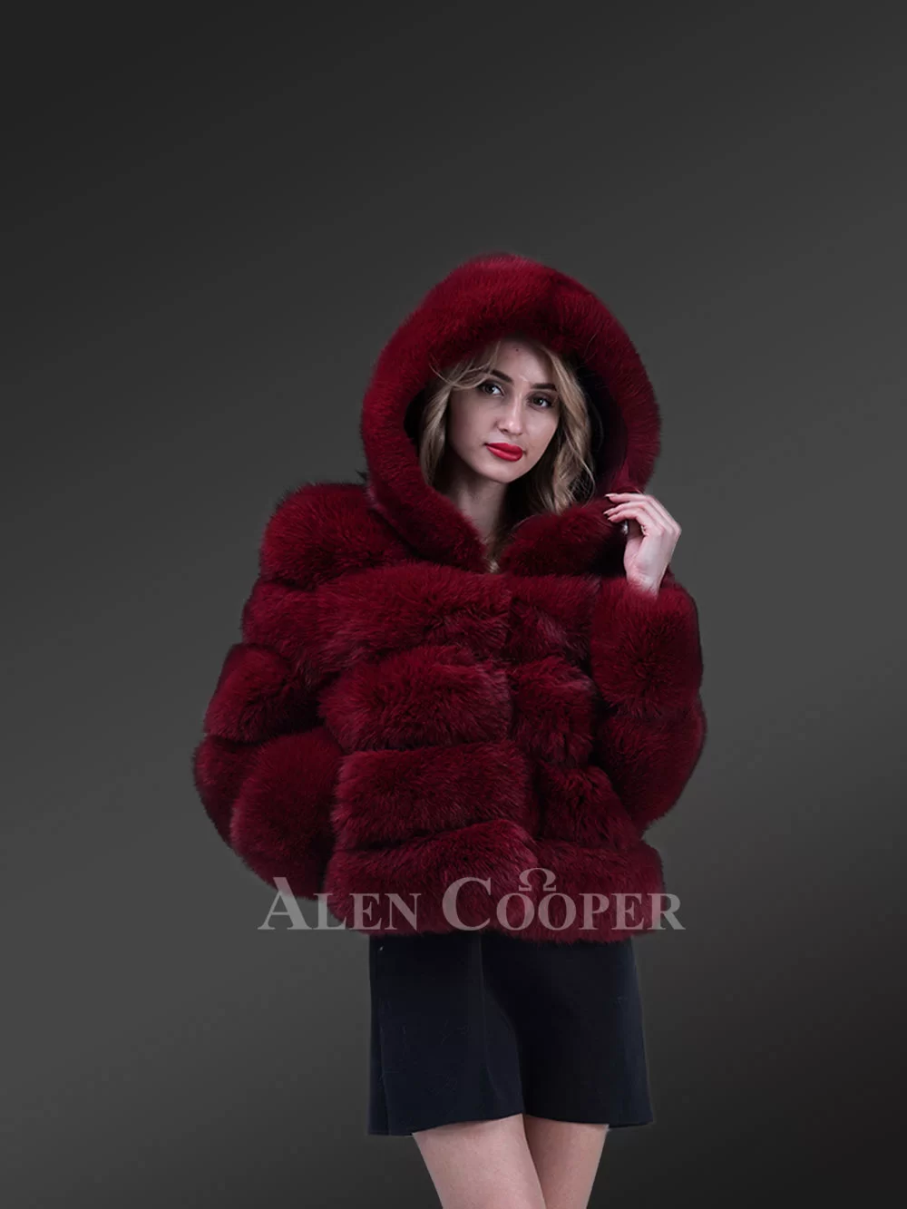 Women’s pigmented wine hue real fox fur paragraph winter coat