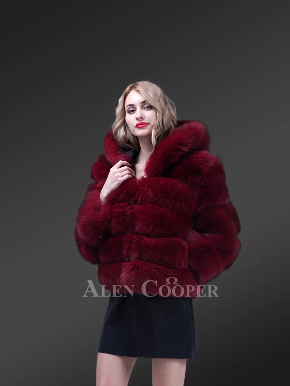 Women’s pigmented wine hue real fox fur paragraph winter coat