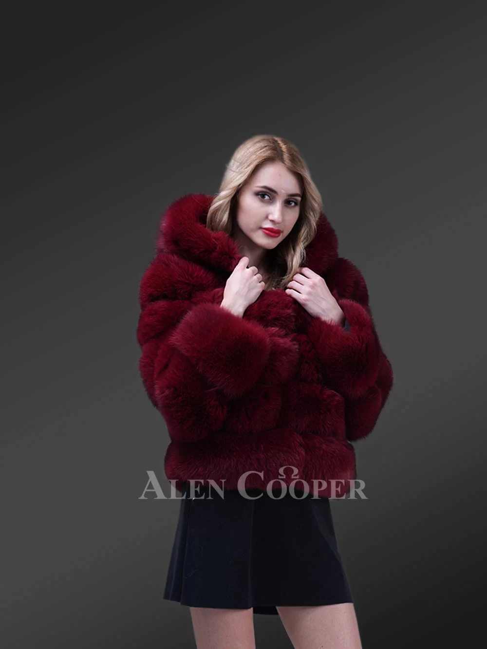 Women’s pigmented wine hue real fox fur paragraph winter coat