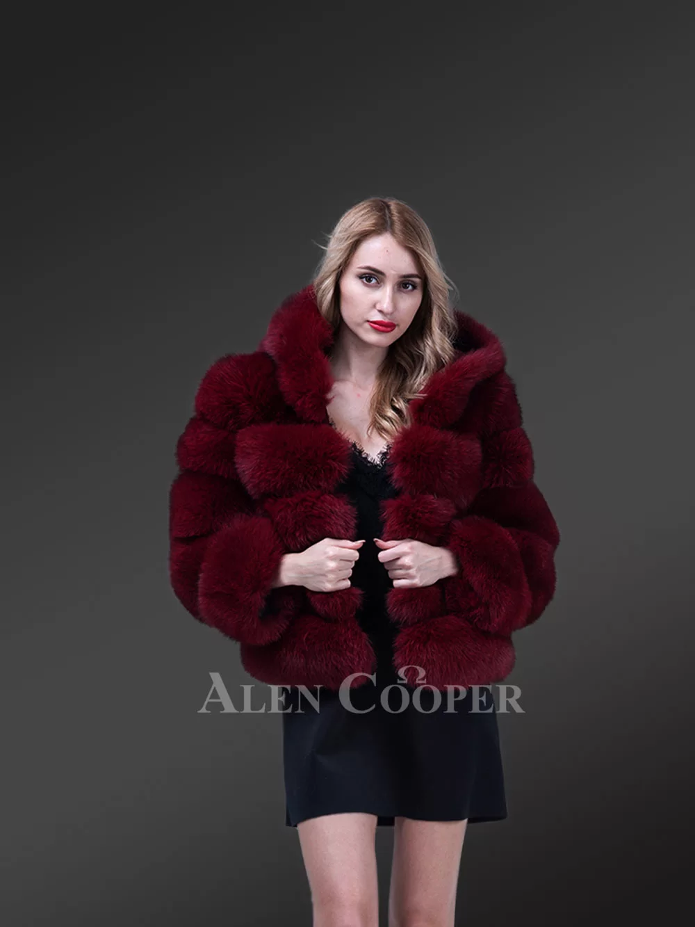 Women’s pigmented wine hue real fox fur paragraph winter coat