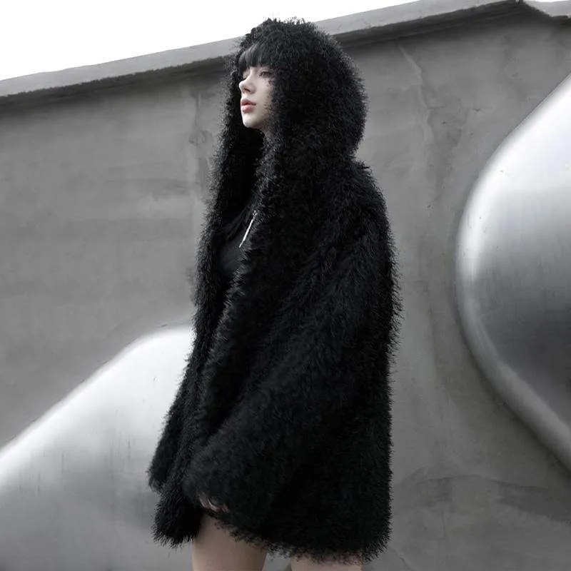 Women's Punk Plush Winter Coat with Hood